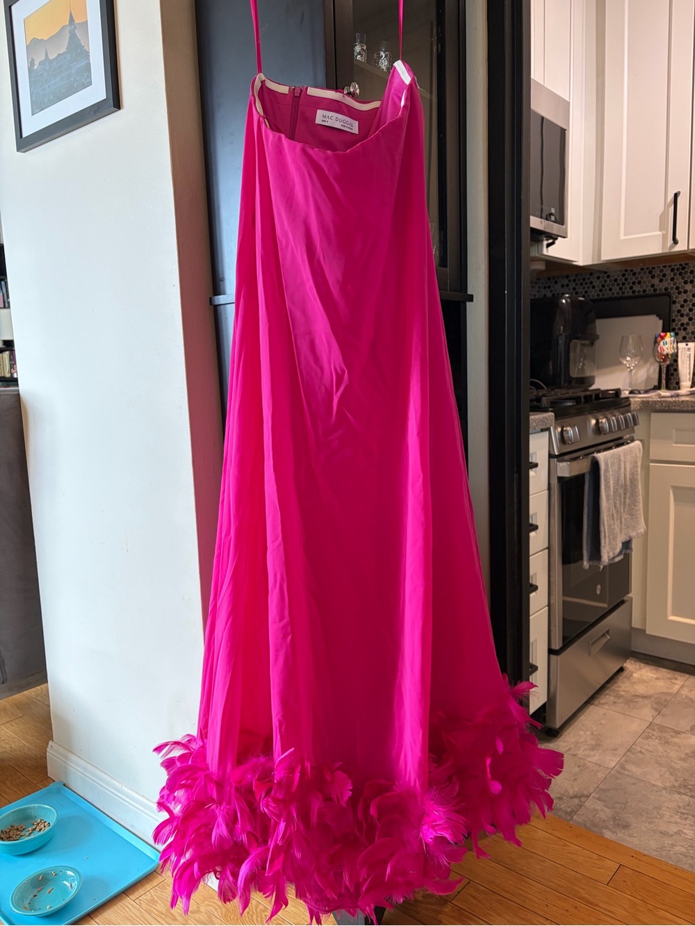Mac Duggal Hot Pink Strapless Maxi Gown with Feather Hem - Picture 4 of 8